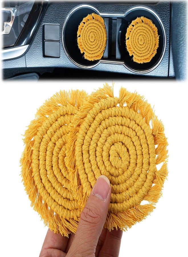 Guduling 2pcs Car Cup Holder Coasters, Cotton Coaster for Car, Absorbent, 3.54 in Boho Cars Cupholder Coaster with Macrame for Women （Sunshine Yellow） - Image 1